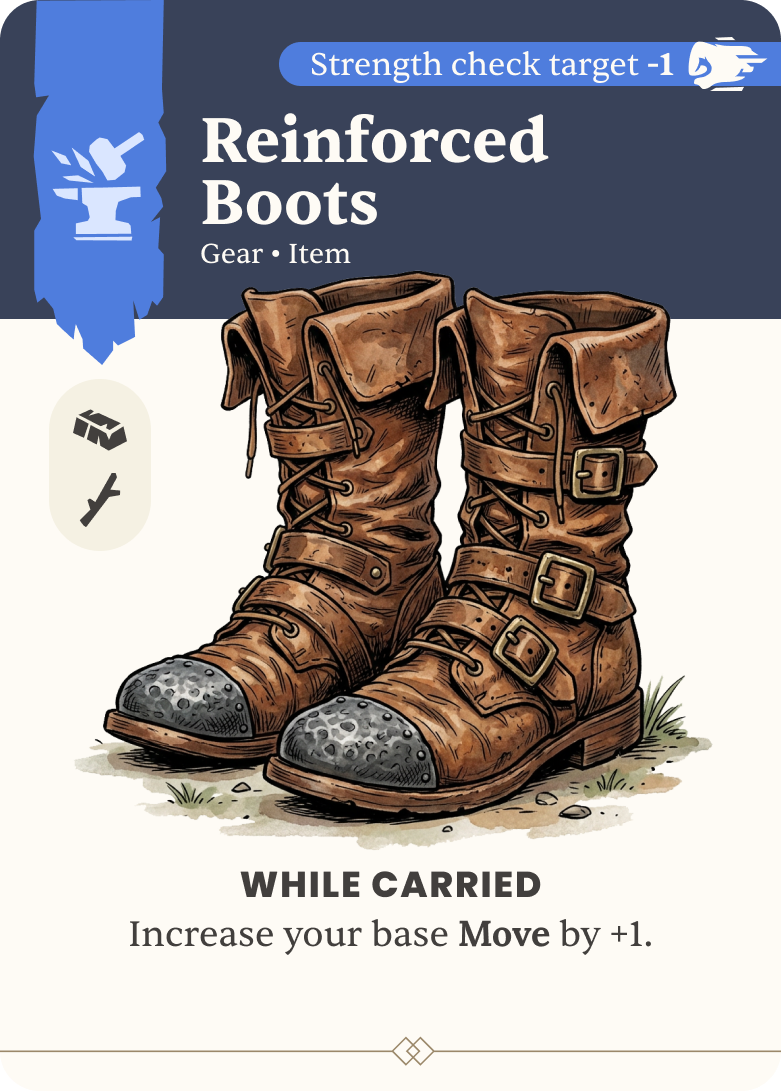 One of the Gear cards from the game depicting the Reinforced Boots.