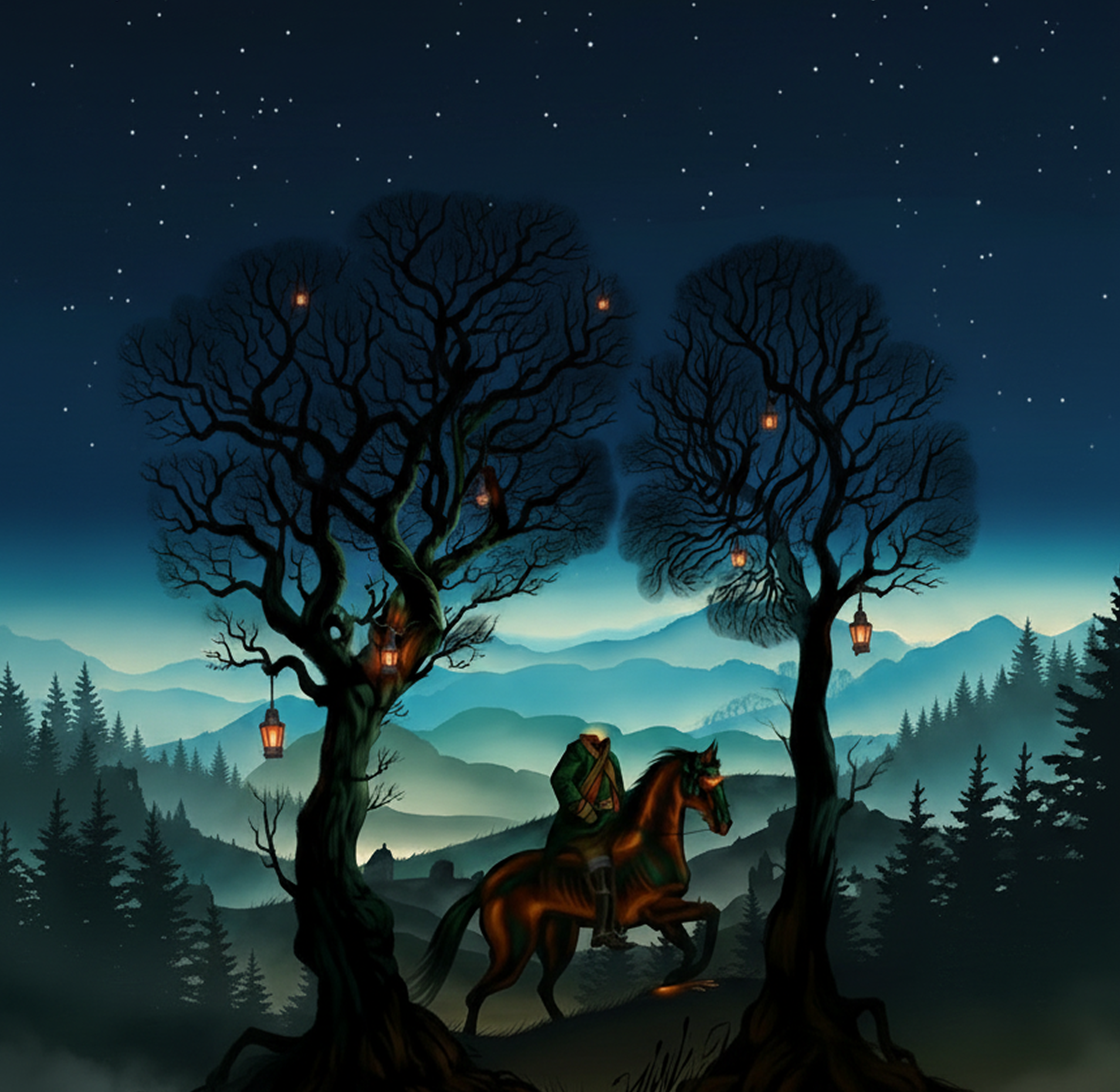 Artwork of the Headless Horseman on his hoarse in Sleepy Hollow. 